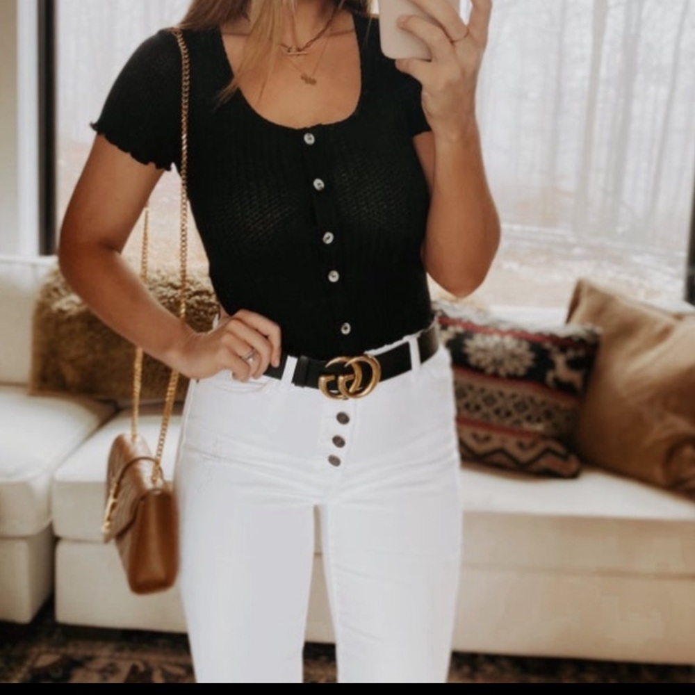 Boutique Black Button-Up Waffle Top